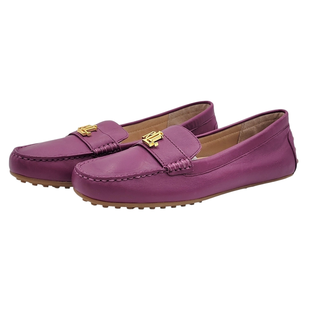 Lauren Ralph Lauren Barnsbury Driving Loafers Women 9 Plum Gold LRL Logo Leather - Picture 3 of 12